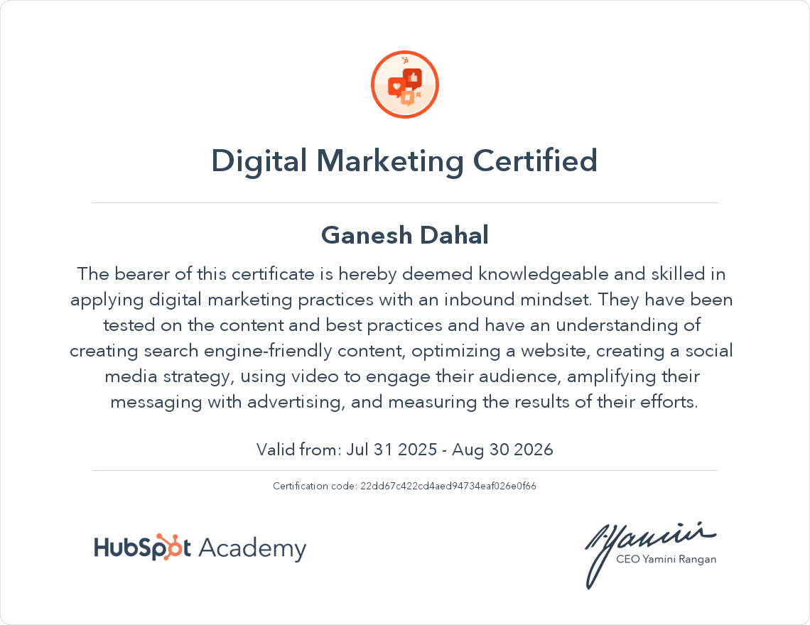 Digital Marketing Certified certificate preview