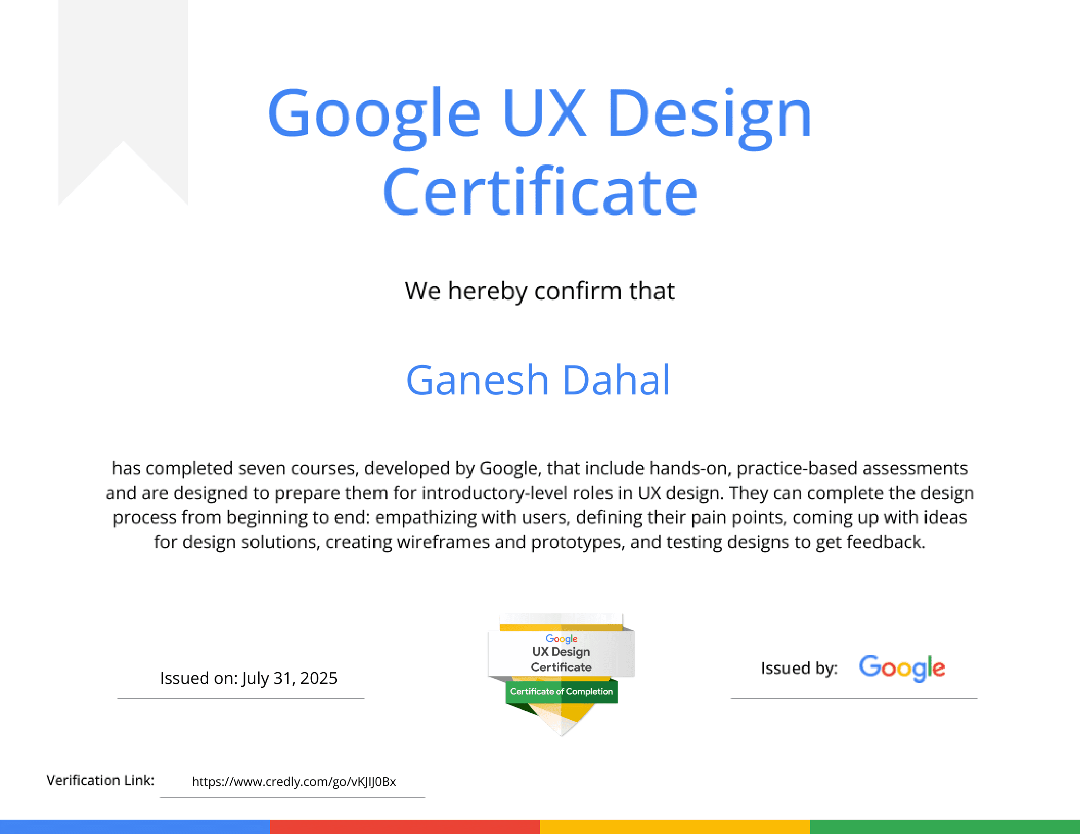 Google UX Design Certificate certificate preview