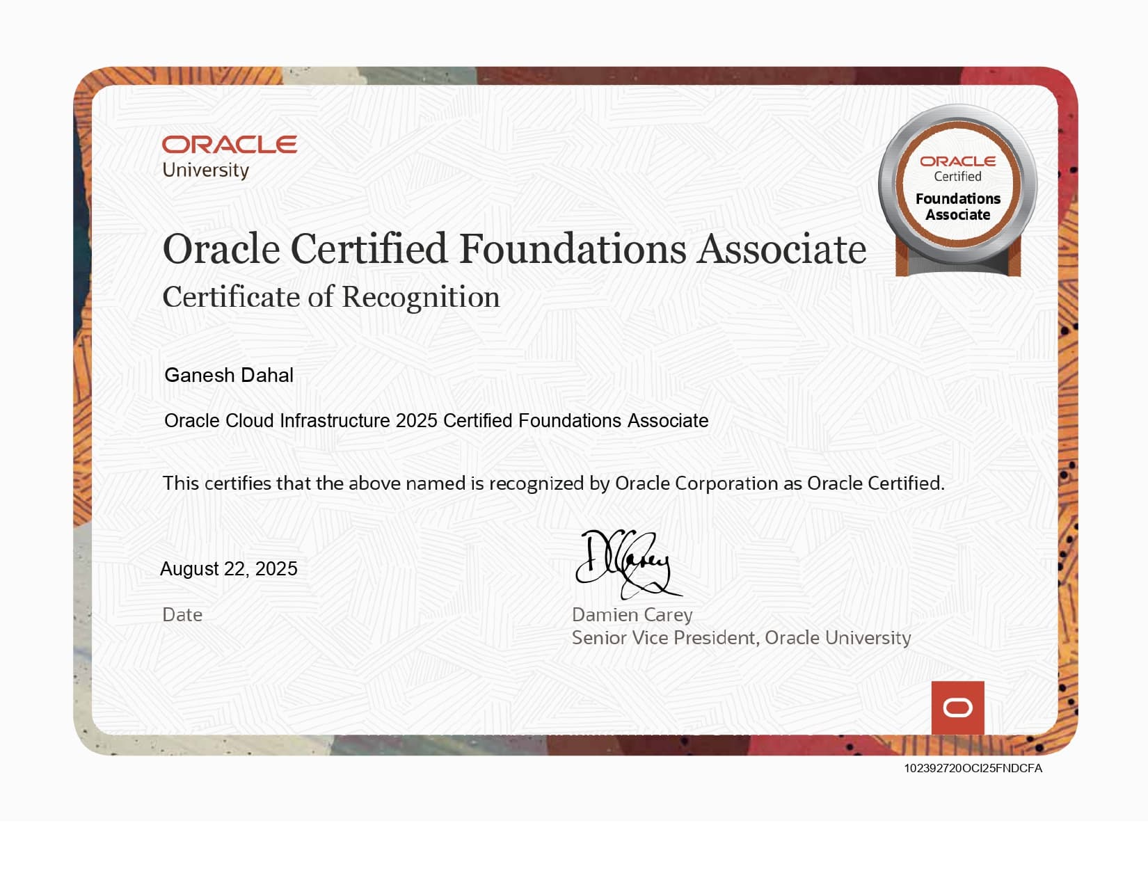 Oracle Cloud Infrastructure 2025  certificate preview